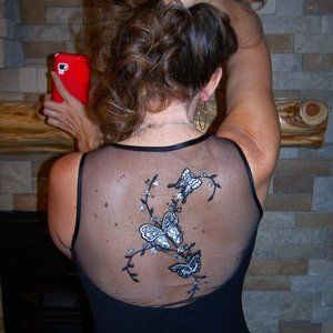 BESTY AND ADAM SEXY BLACK MINI DRESS w SHEER BLUE BUTTERFLY BACK